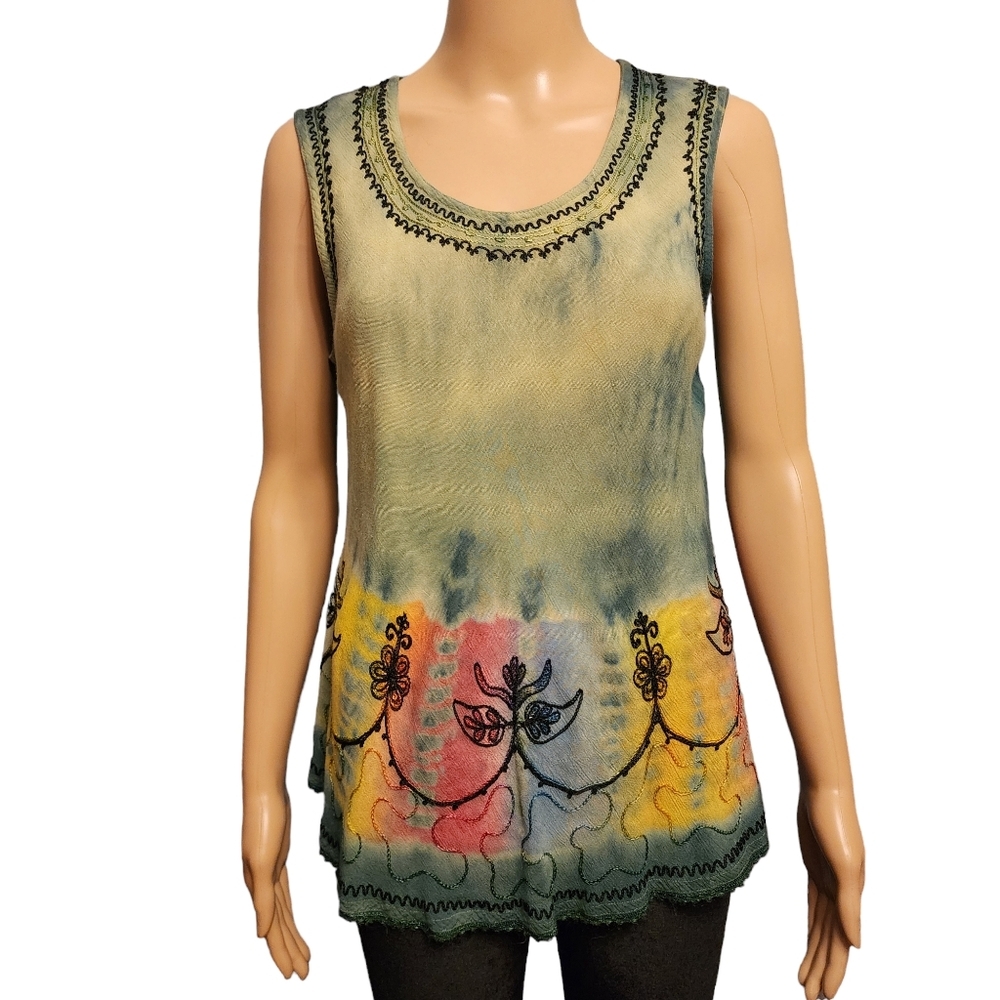 India Boutique Vintage Tie-Dye Embroidered Tank Top